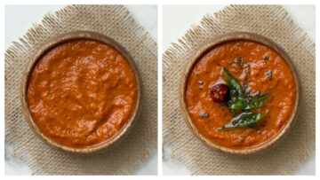 step to pour the tempering over the indian red onion chutney collage