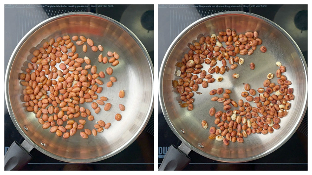 dry roast the peanuts in a pan until golden brown collage