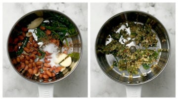 step to blend roasted peanuts, sauteed chilies coriander leaves mixture in a blender collage