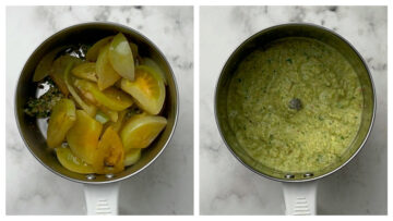 step to add the roasted green tomatoes and blend the chutney until smooth collage