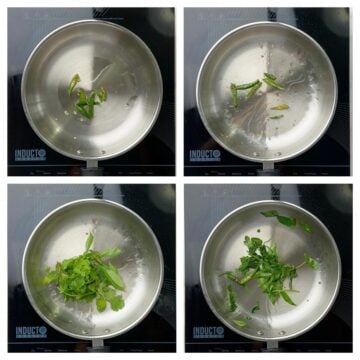 step to saute green chilies and coriander leaves in a pan collage