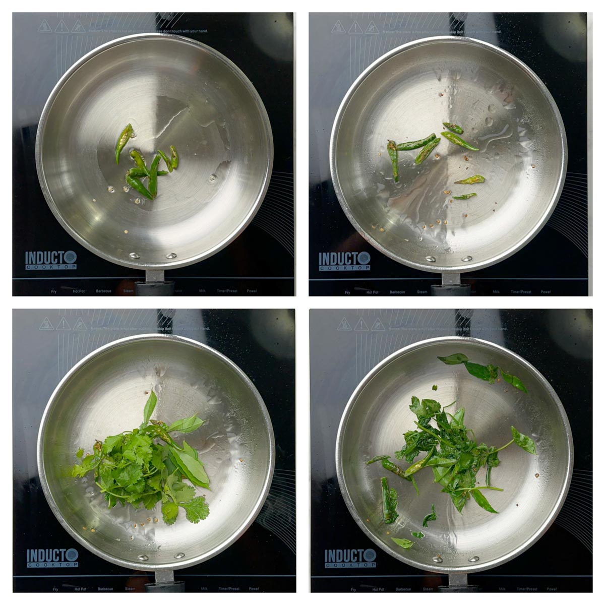 step to saute green chilies and coriander leaves in a pan collage