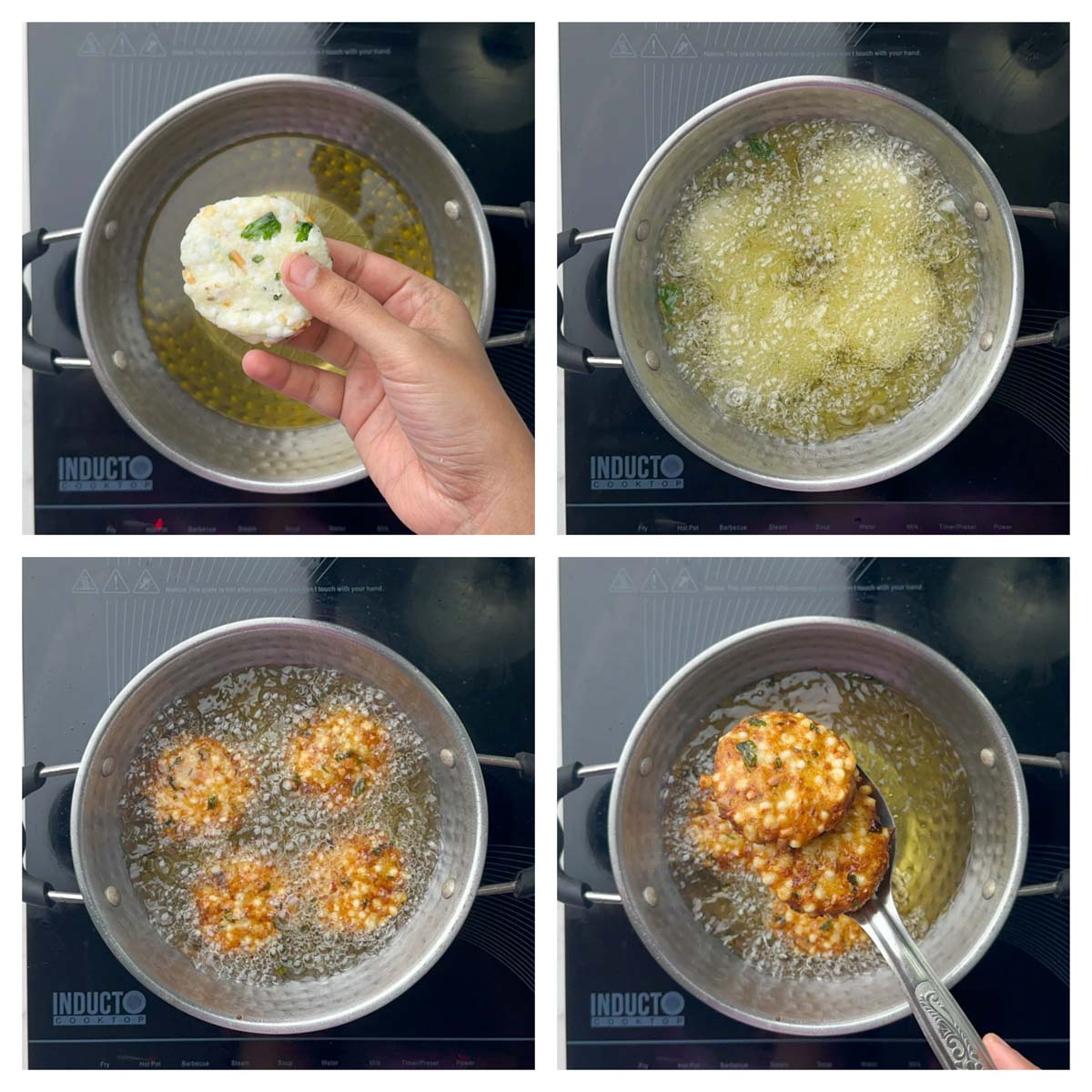 step to deep fry the sabudana fritters (vada) in the oil collage