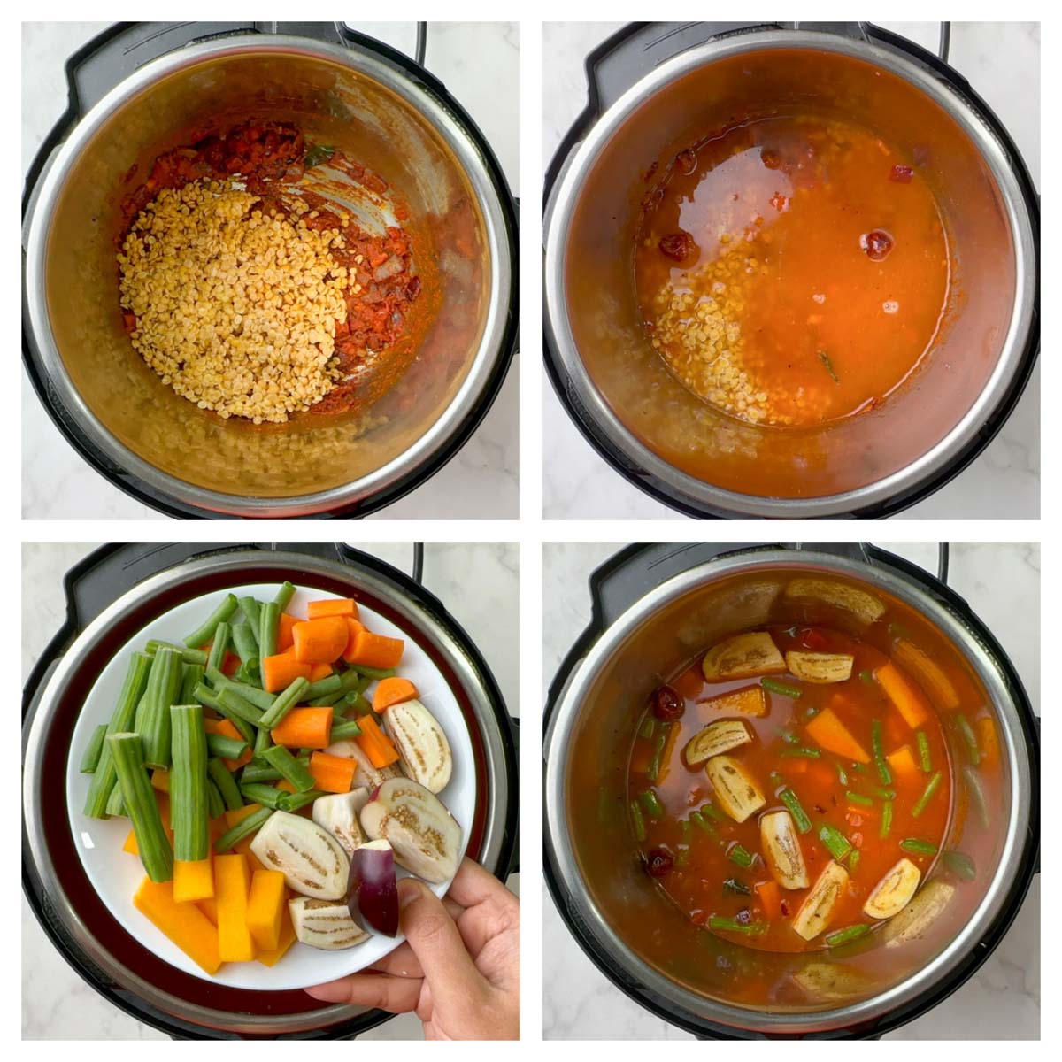 step to add lentils, vegetables and water collage