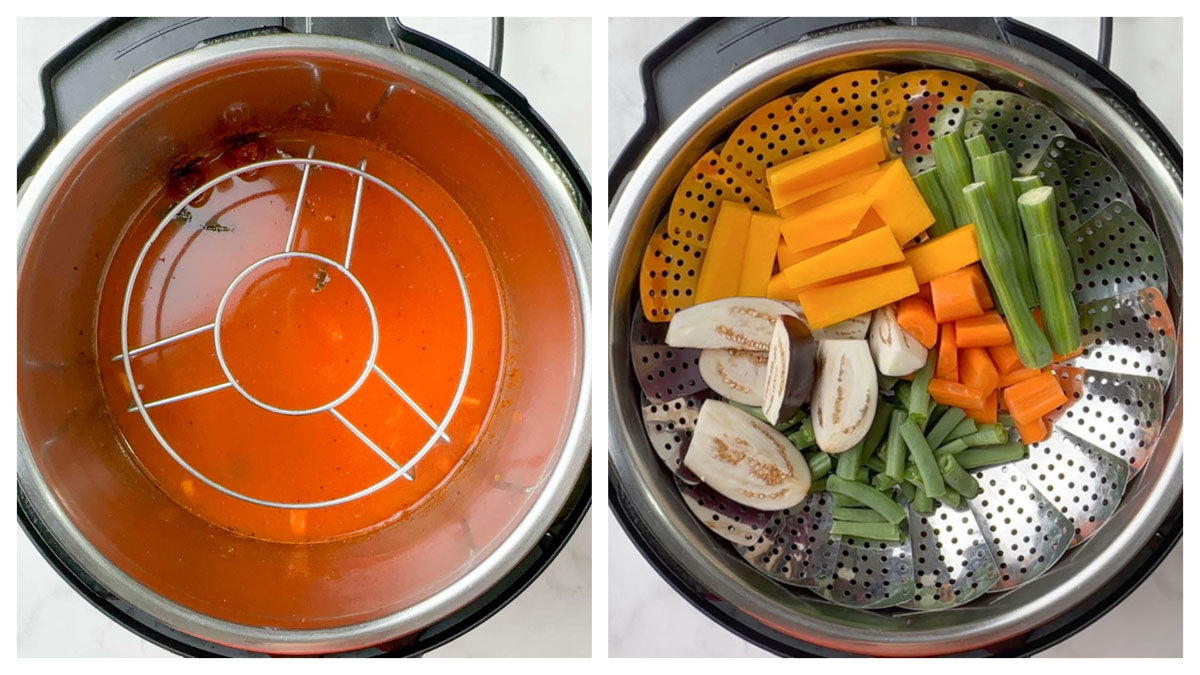 cooking vegetables pot-in-pot in a steamer collage