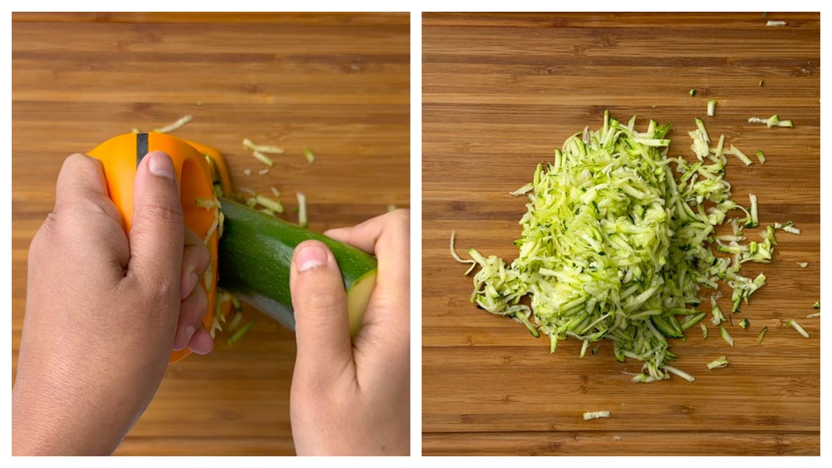 step to grate the zucchini using a box grater collage