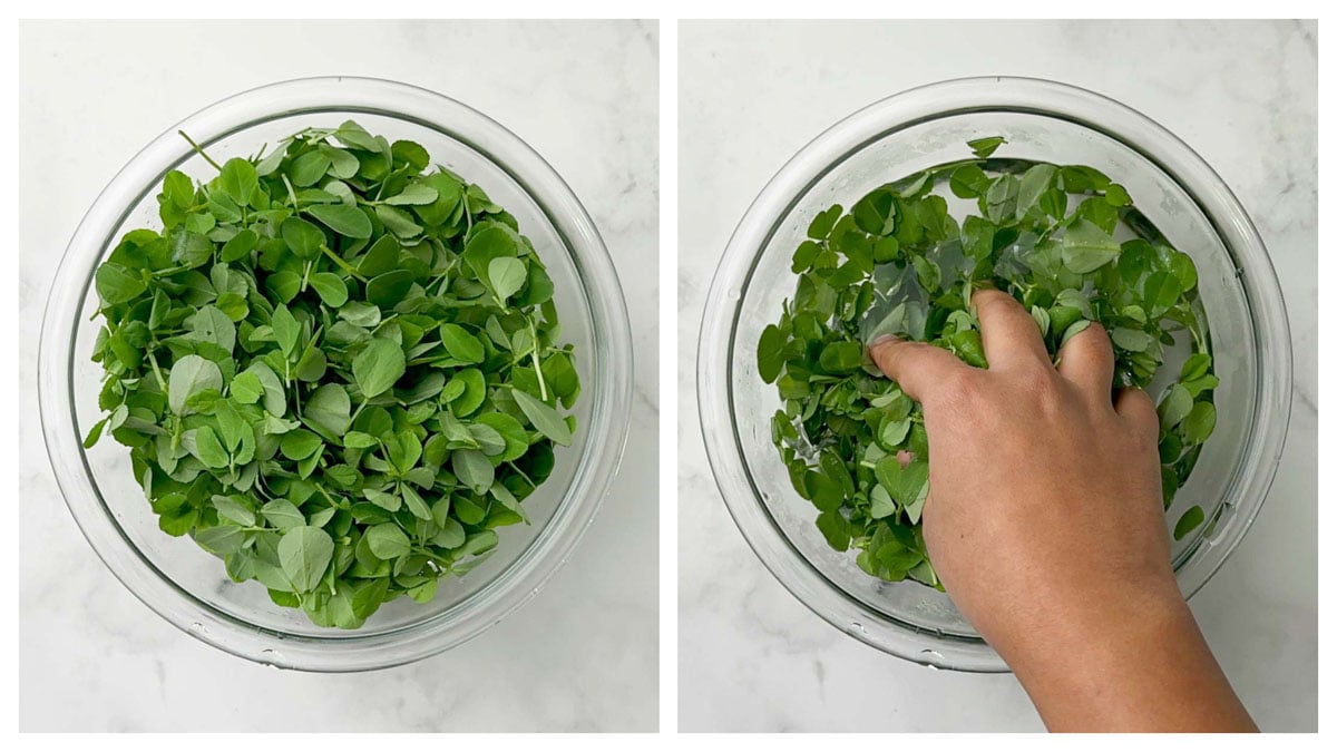 step to clean methi leaves in the water collage