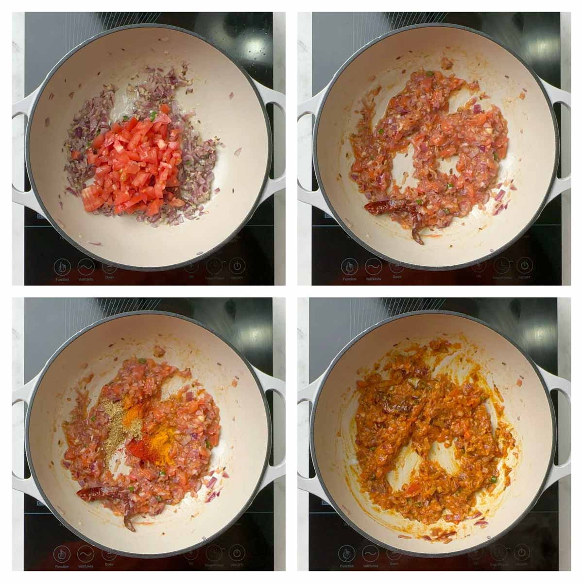 step to cook tomatoes and spices collage