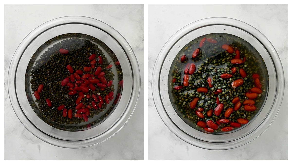 step to soak black urad dal and rajma overnight in a glass bowl collage