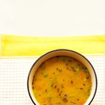 Gujarati dal served in a bowl.