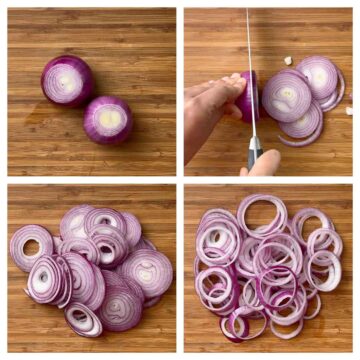 step to cut the onion in to rings collage