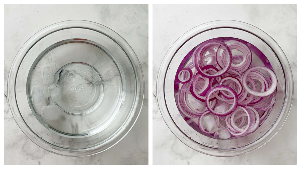 step to soak the onion rings in the ice cold water collage