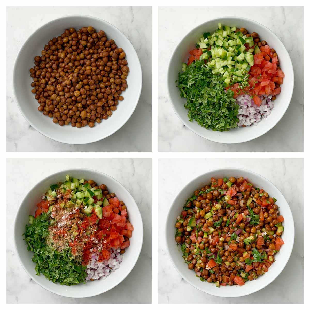 step to add all ingredients of kala chana chaat/salad in a large bowl and mix collage