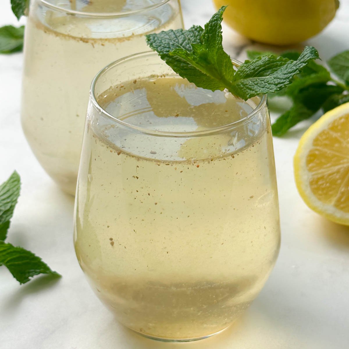 nimbu pani (shikanji) served in a glass garnished with mint leaves and lemon on the side