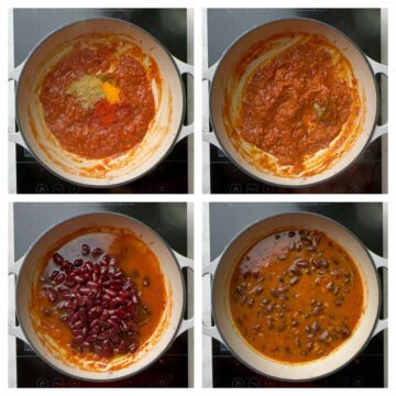step to cook spices and add boiled rajma collage