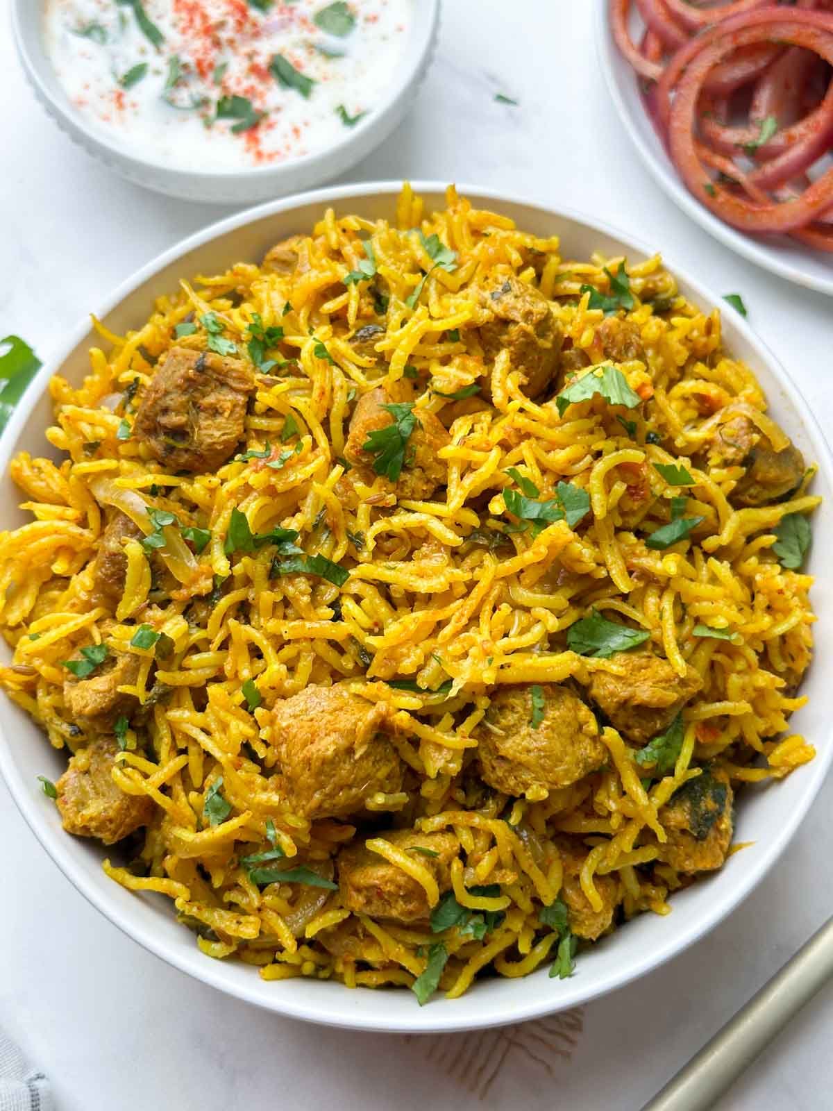 soya chunks biryani (meal maker biryani) with raita on the side