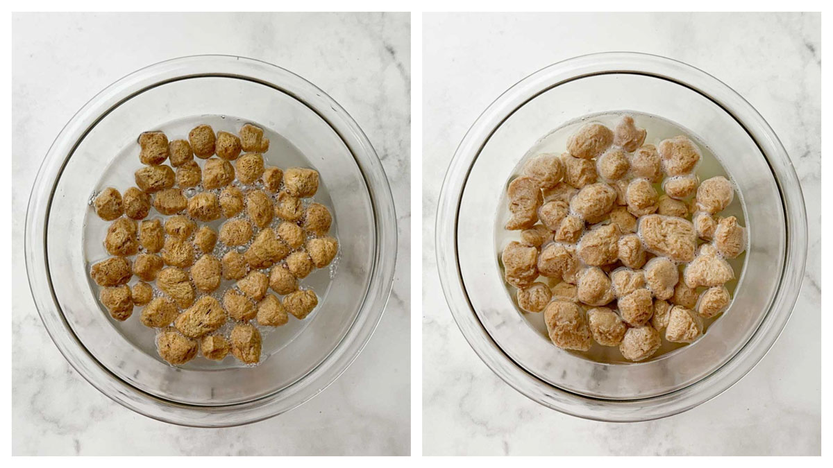step to soak soya chunks in hot water collage