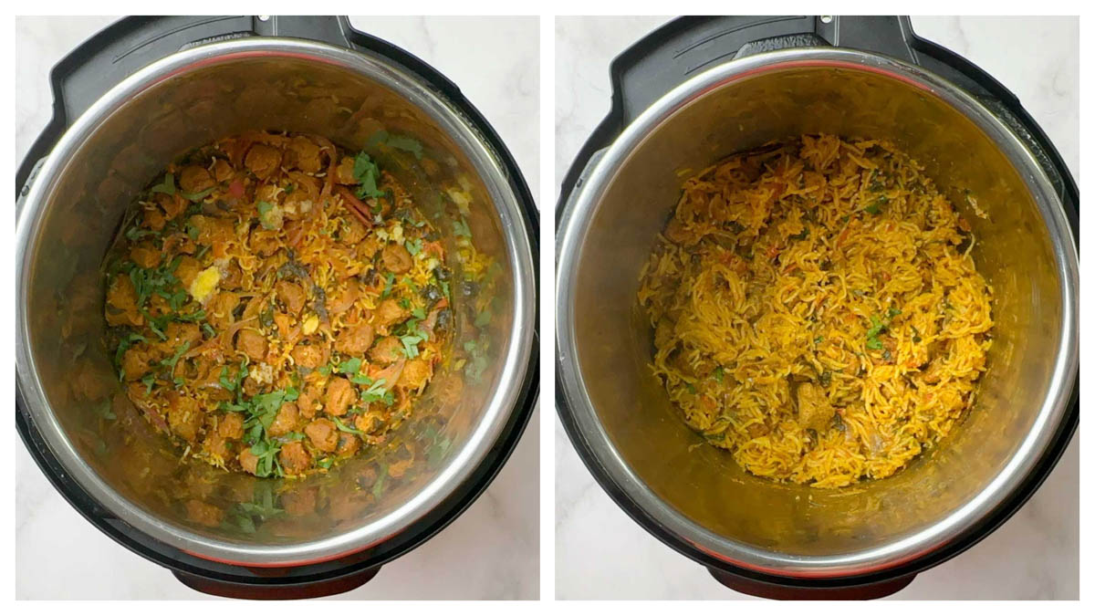 step to add ghee and coriander leaves to meal maker biryani collage