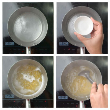step to add water, salt and dry pasta in the boiling water collage