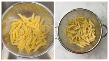 step to drain the cooked pasta in a colander collage