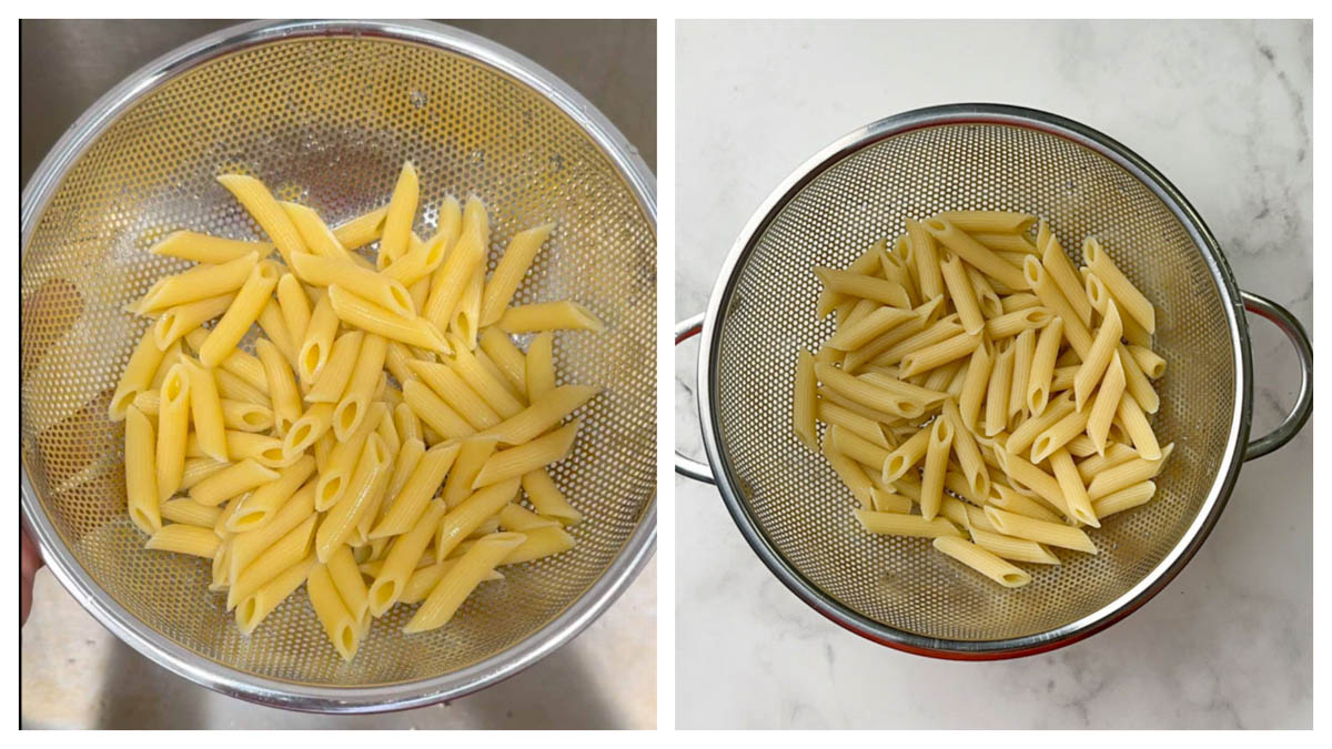 step to drain the cooked pasta in a colander collage