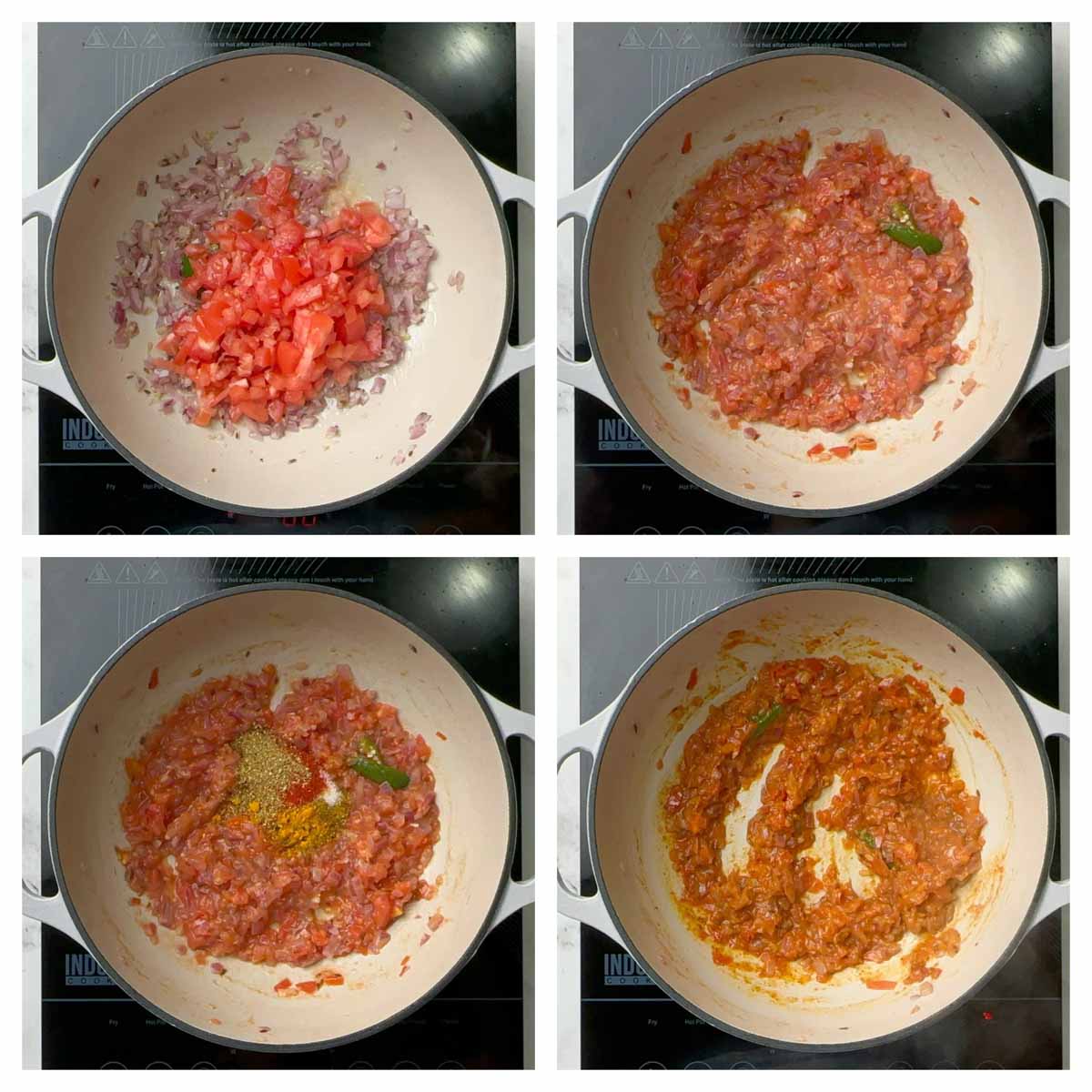 step to cook tomatoes with spices for aloo gobi sabzi collage