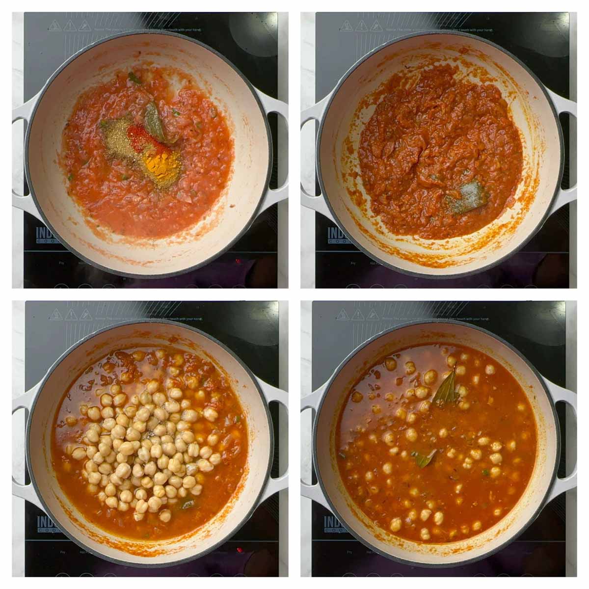 step to add chickpeas and cook with spices collage