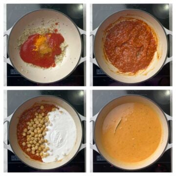 step to cook tomato puree with spices, and add chickpeas, coconut milk collage.