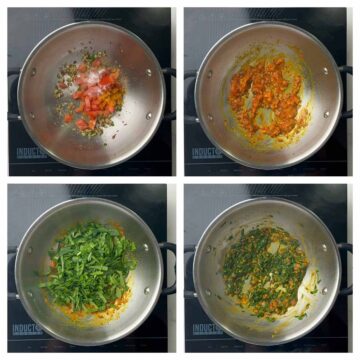 step to saute tomatoes with spices and spinach collage
