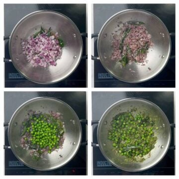 Step to saute onions, hariyali masala and peas collage