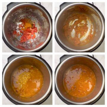 step to cook tomatoes with spices and add water to pressure cook collage
