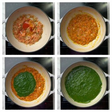 step to cook spinach puree with masala for palak paneer collage