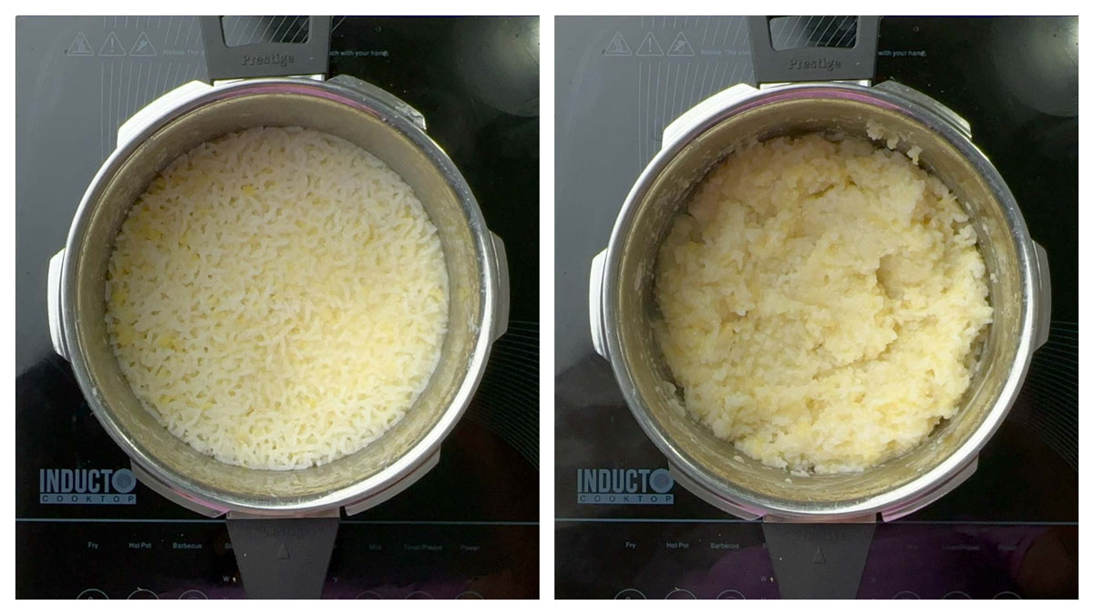 step to mushy the cooked rice dal mixture collage