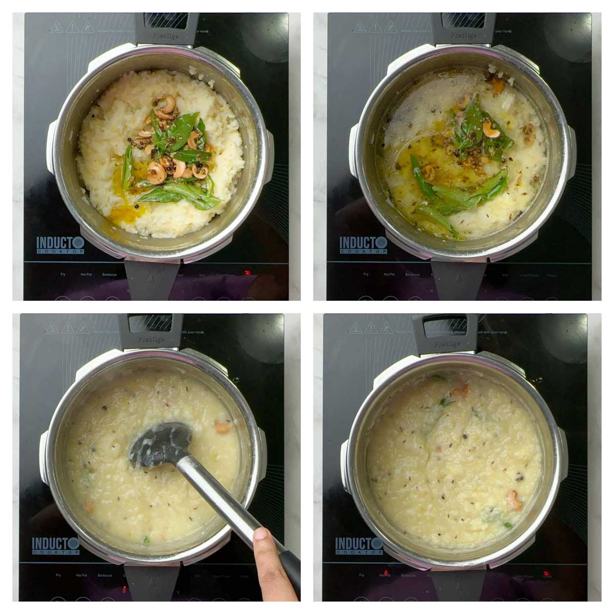 step to add the tempering to moong dal rice mixture collage
