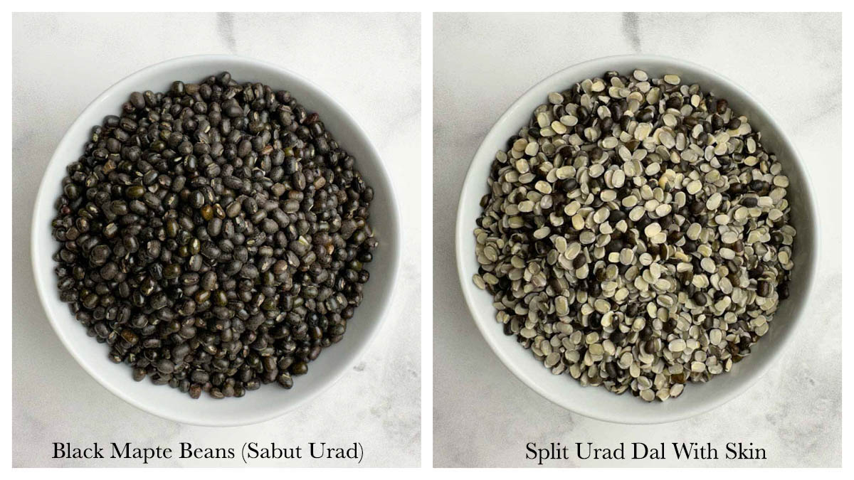 sabut urad and split urad dal with skin in a bowl collage