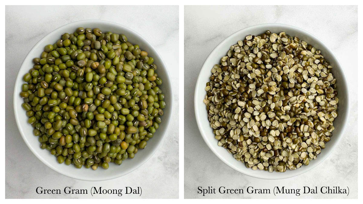 whole green gram and split green gram in a white bowl collage