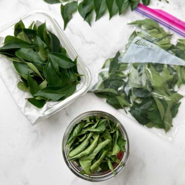 Curry leaves stored in a glass box, zip-lock, and dried leaves in glass jar.