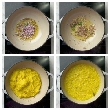 step to saute onions and add the dal rice mixture collage