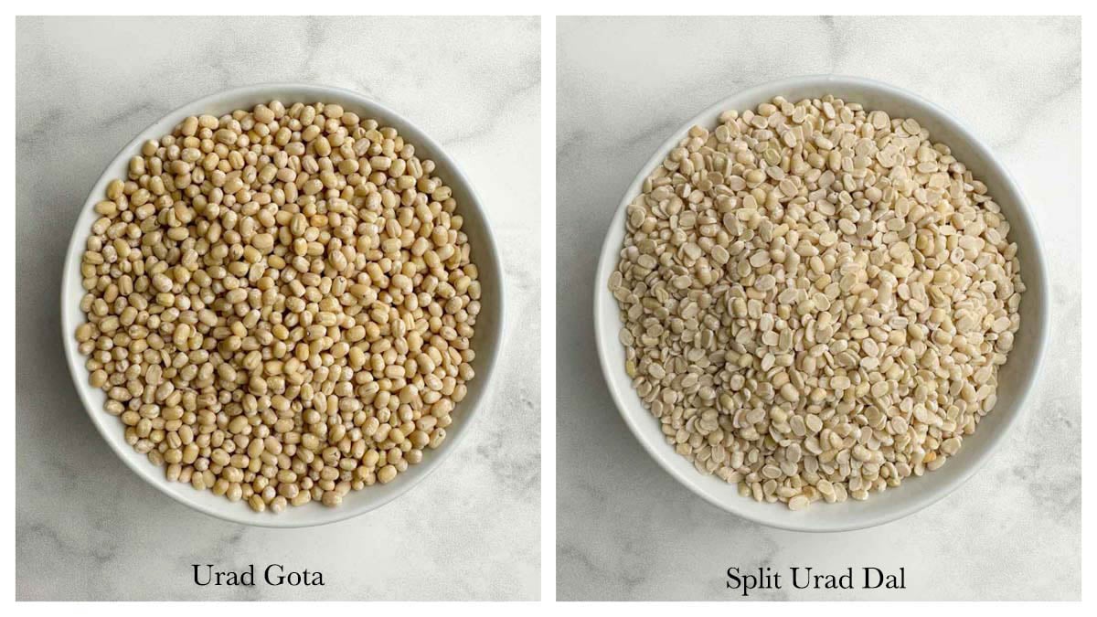 urad gota and split urad dal in a white bowl collage