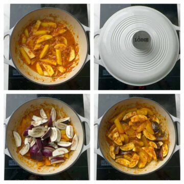 step to add eggplant and cook for aloo baigan collage