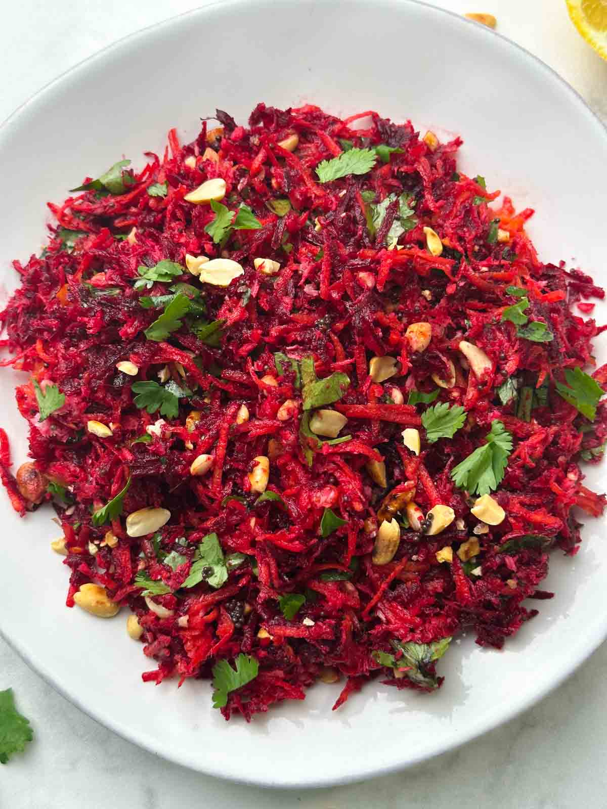 carrot beetroot salad served on a plate