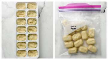 step to store the garlic paste in ice cube tray and zip lock bag collage