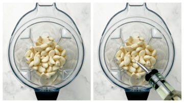 step to add oil and garlic cloves to a blender collage