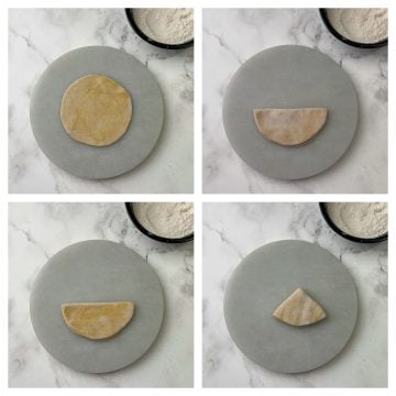 roll the circle dough in to triangle shape collage.