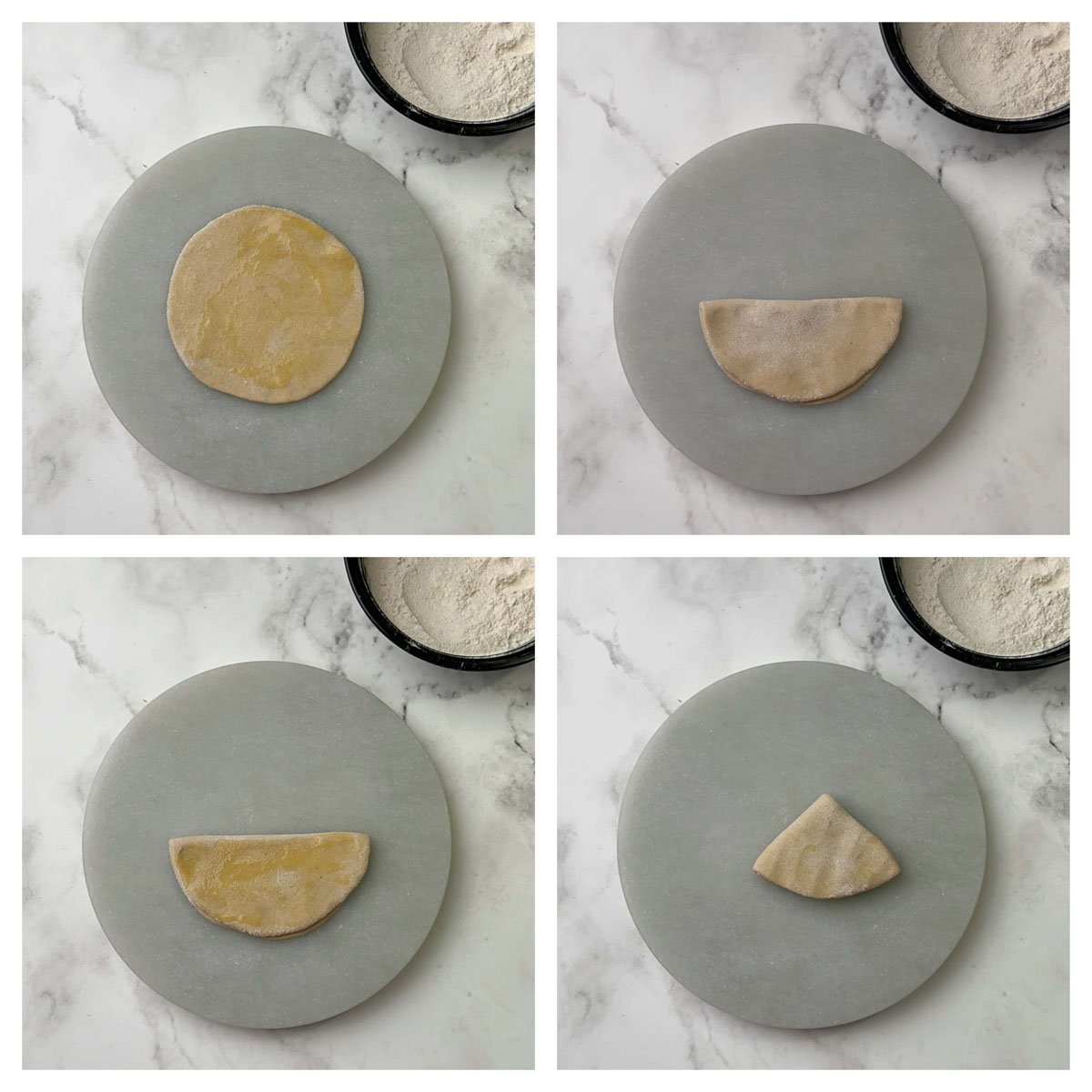 roll the circle dough in to triangle shape collage.