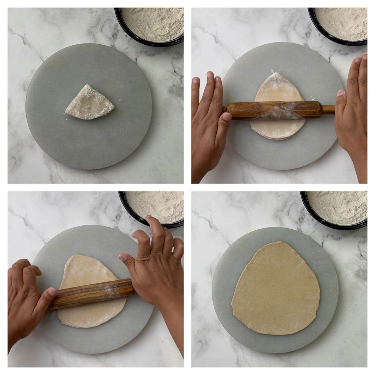 roll in to triangle shape paratha collage