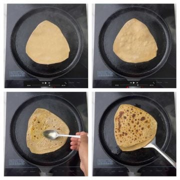 cook the triangle shape plain paratha on a iron tawa collage.