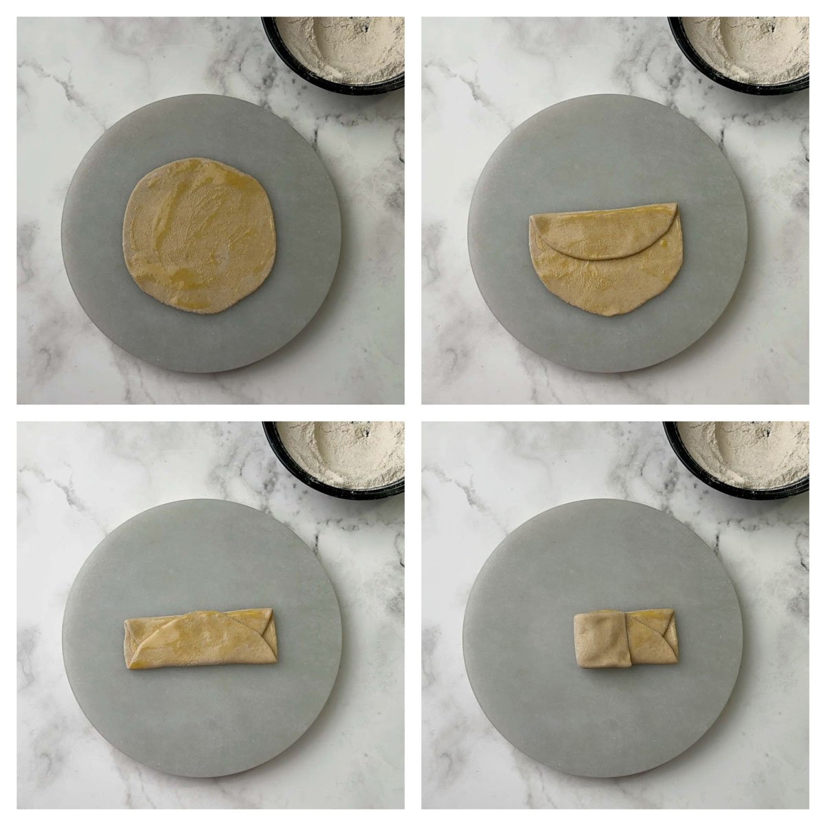 step to roll and fold in to square shape paratha collage