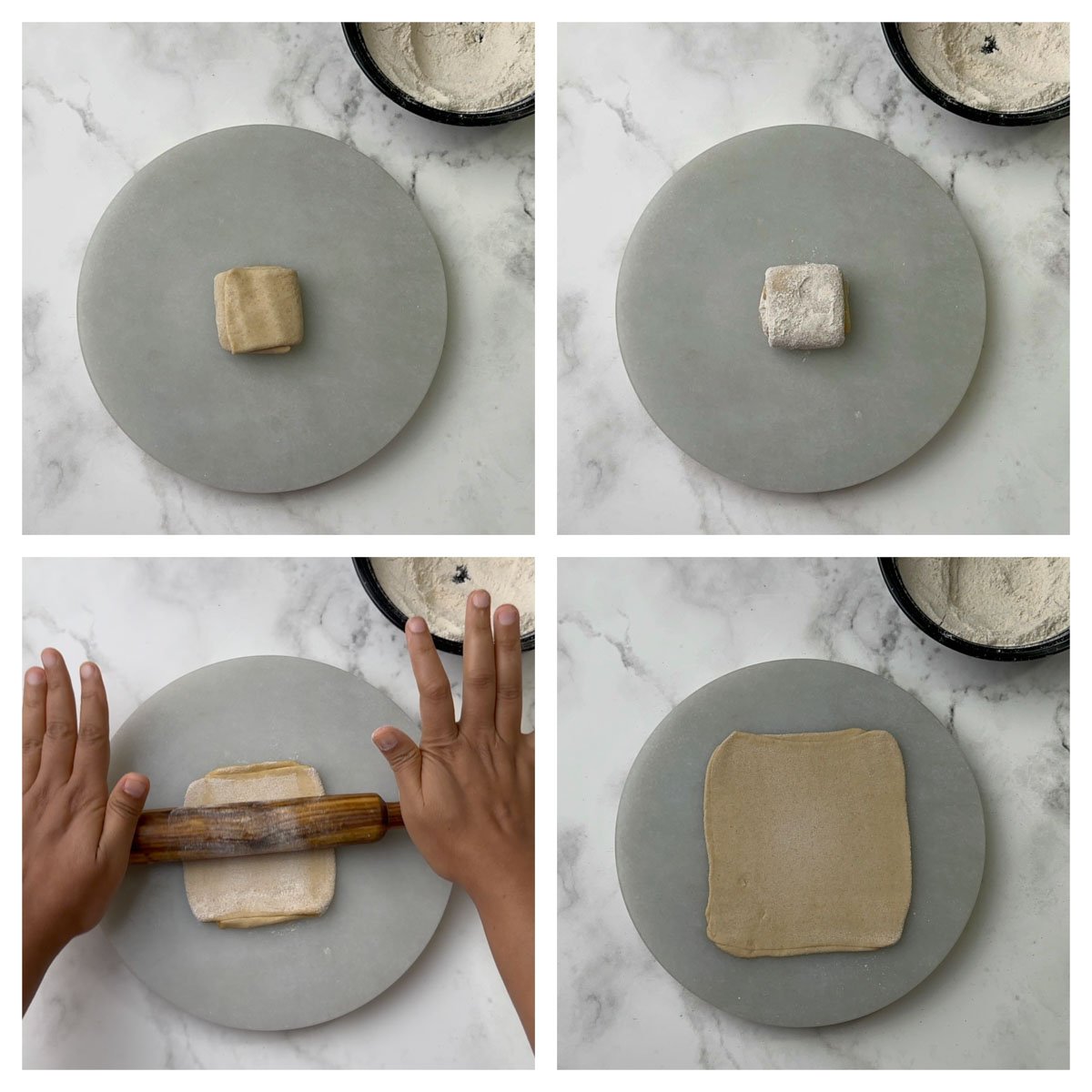 roll the dough in to square shape paratha collage