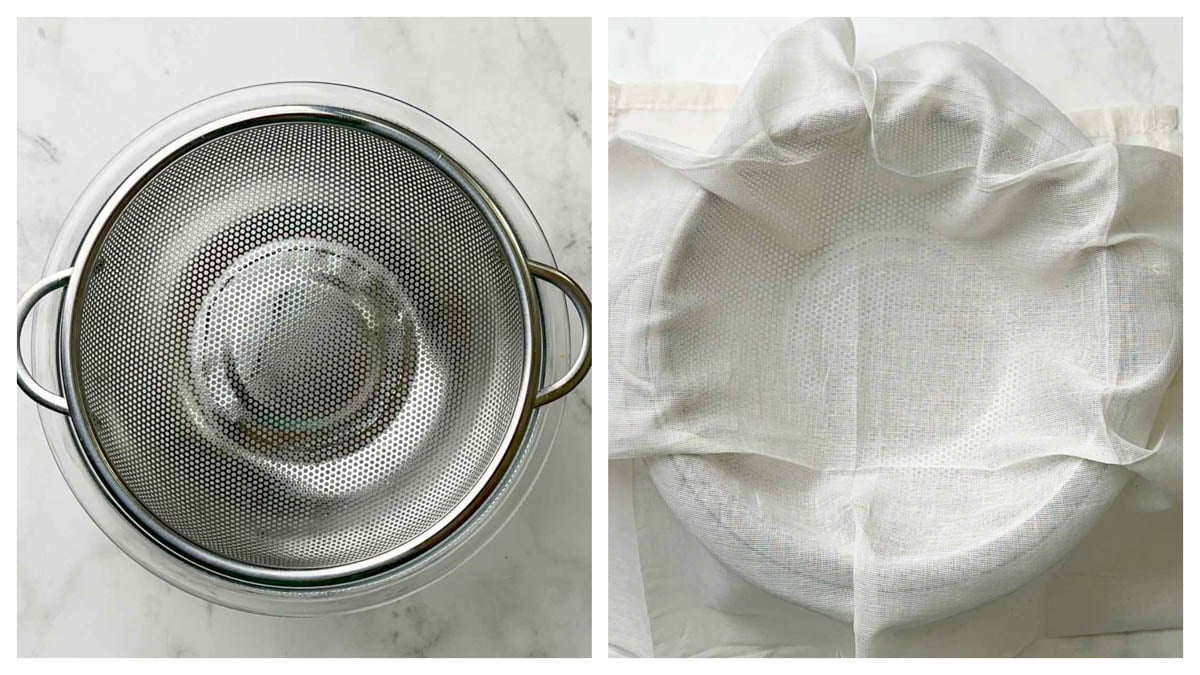 step to place a cheese cloth on a strainer collage